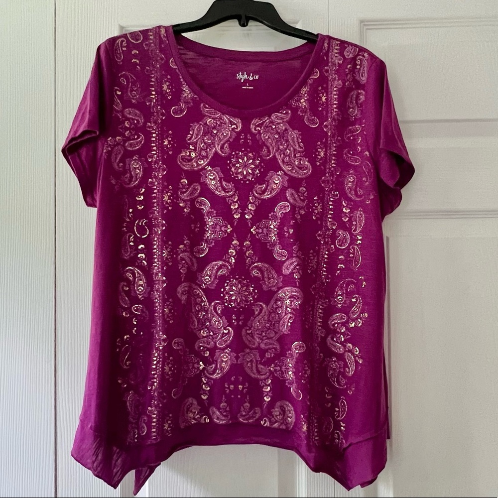 Style & Co Purple Gold Foil Print Tee
